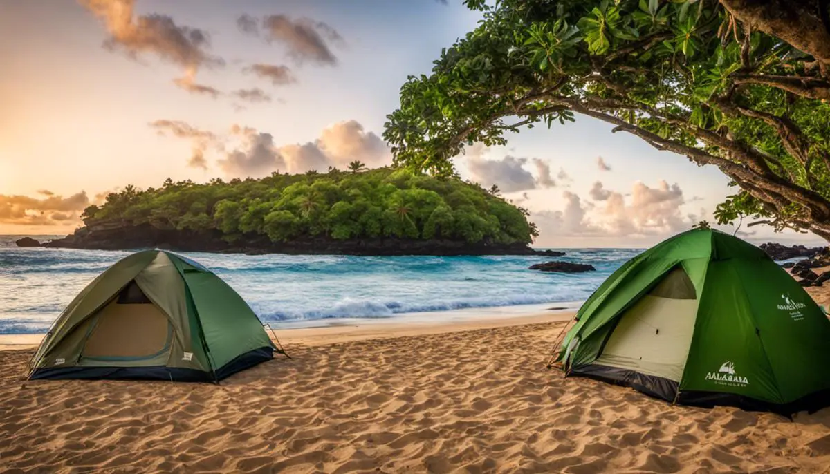 A scenic view of the Malaekahana Beach Campground with tents set up alongside lush greenery and a pristine beach. family campgrounds in hawaii