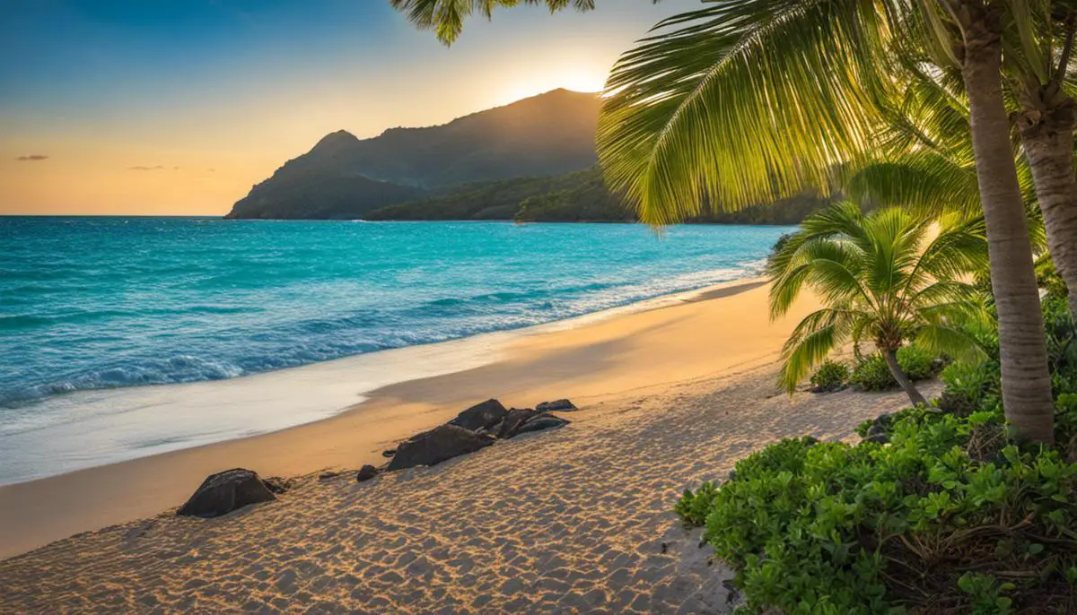 A beautiful beach with palm trees and crystal-clear blue waters at Bellows Field Beach Park.