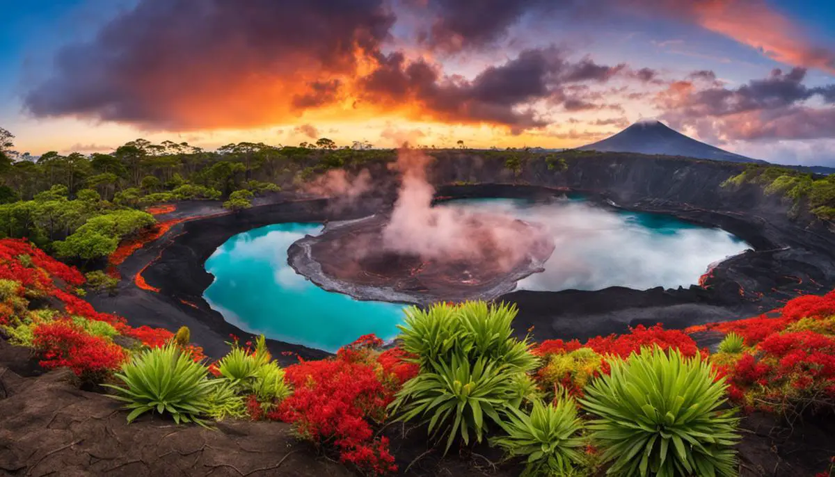 A stunning image of Volcanoes National Park, showcasing the active lava lake and diverse flora and fauna of the park family campgrounds in Hawaii