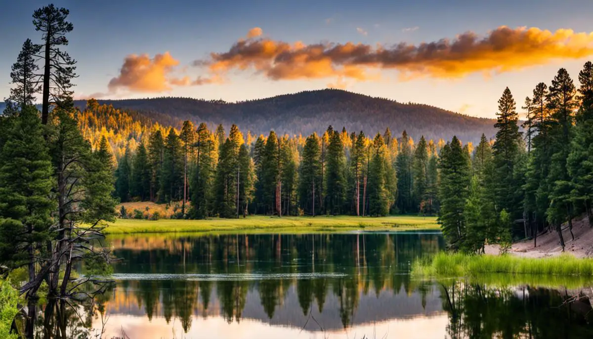 A beautiful view of Ponderosa State Park with mountains, lake, and trees.