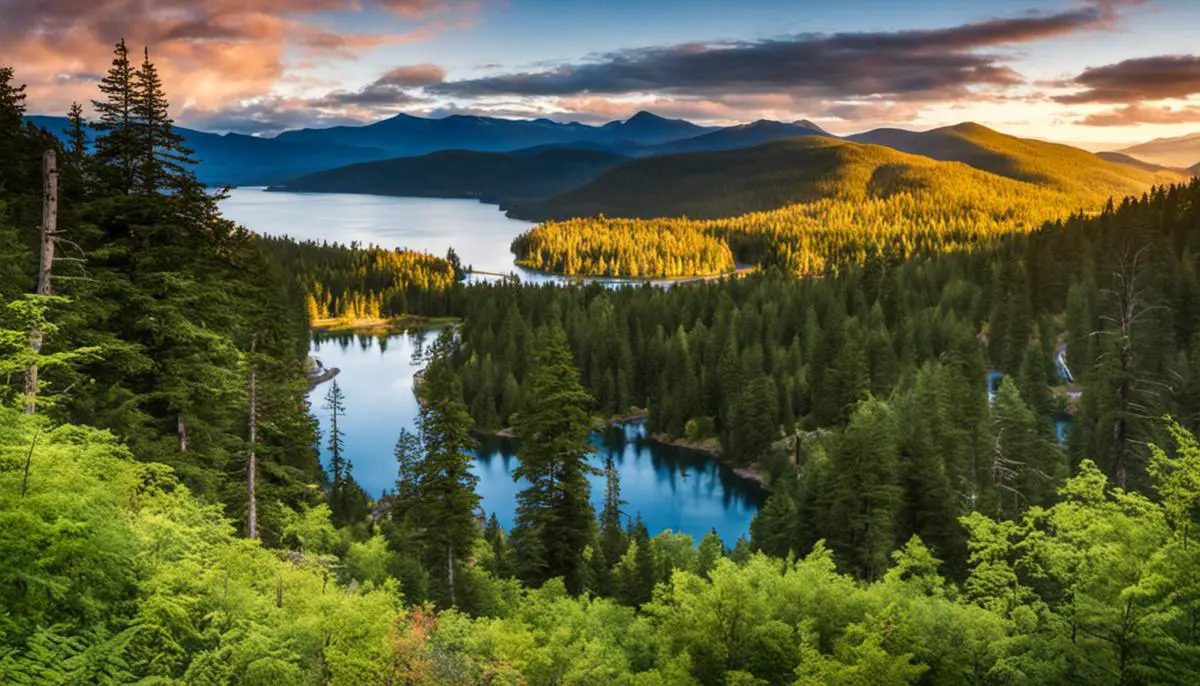 A scenic view of Lake Cascade State Park, with the lake surrounded by forests and mountains. family campgrounds in Idaho