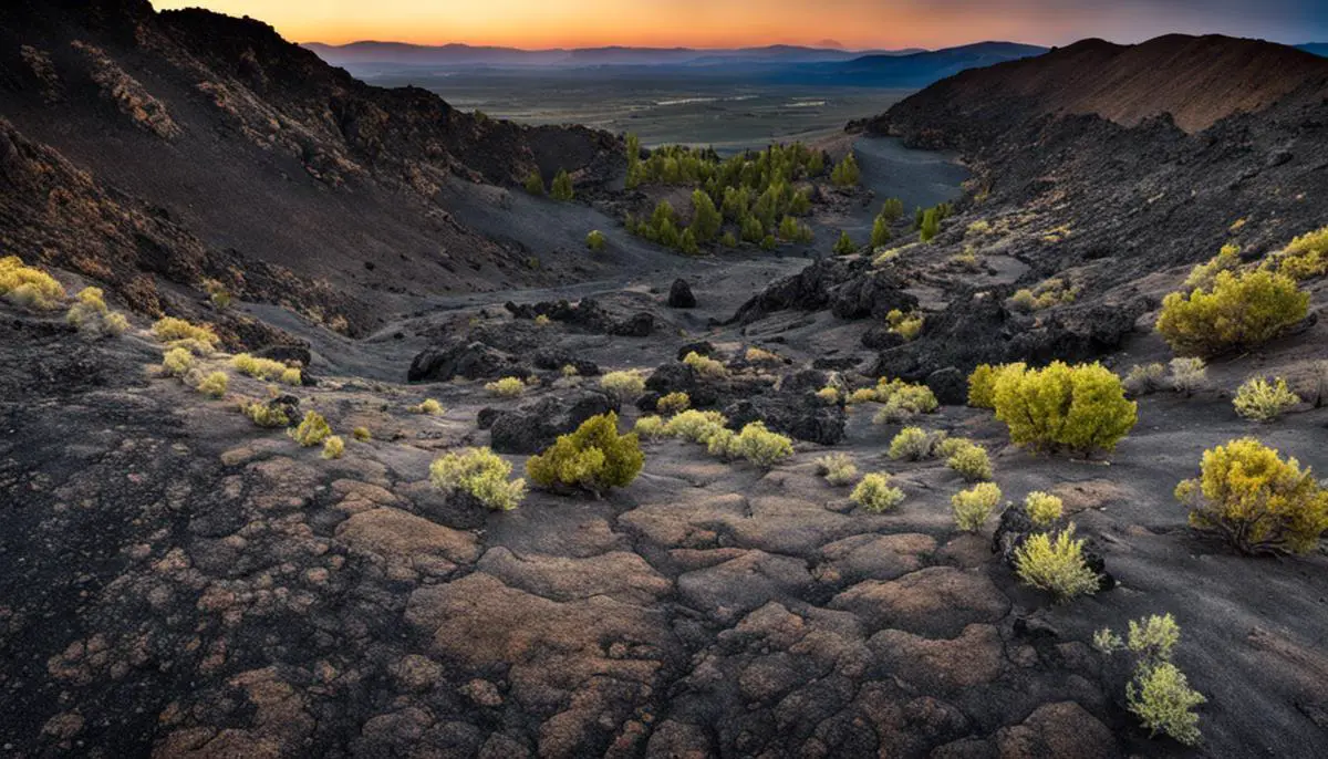 A breathtaking view of the surreal and rugged lunar-like terrain at Craters of the Moon National Monument and Preserve family campgrounds in Idaho
