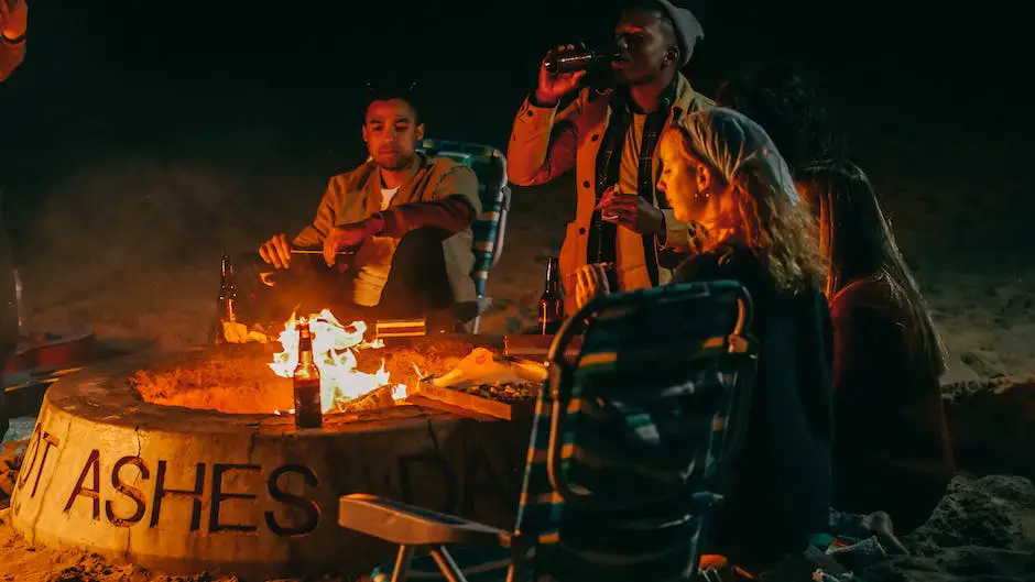 A group of friends sitting around a campfire, smiling and enjoying themselves at night during a camping trip.