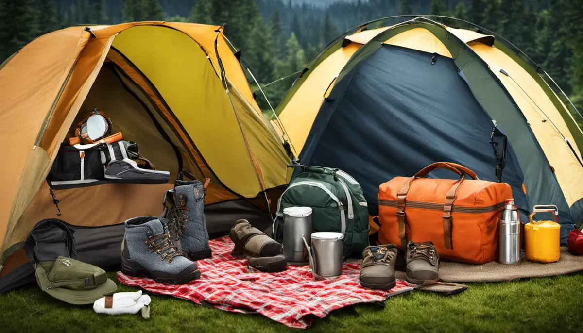 A depiction of camping attire with various clothing items and accessories for different weather conditions. Ultimate Camping Gear Guide for Students