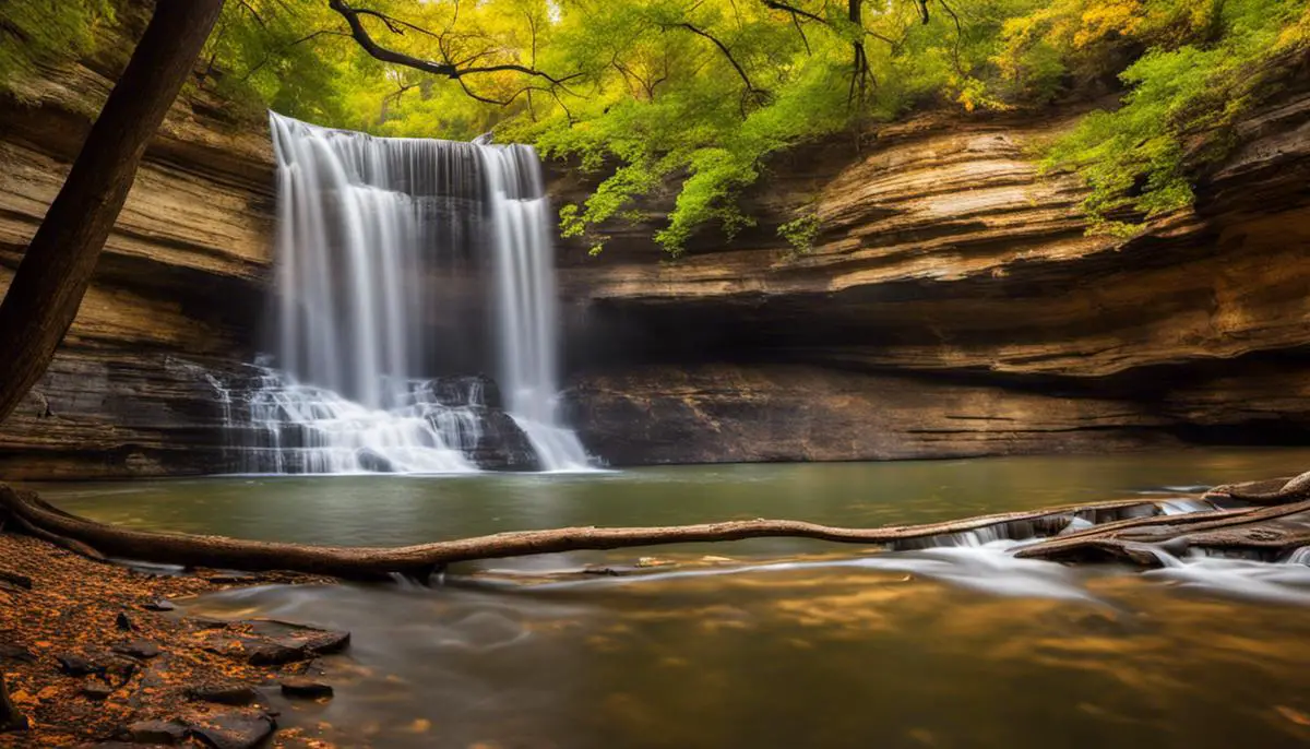 Image of a waterfall surrounded by lush forests and dramatic canyons at Starved Rock State Park Family Campgrounds in Illinois