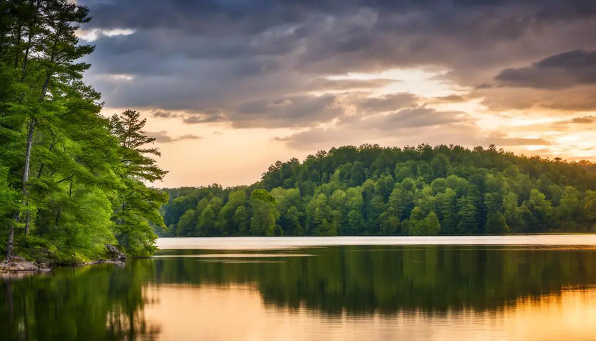 A scenic view of Rock Cut State Park with towering trees and a tranquil lake Family Campgrounds in Illinois