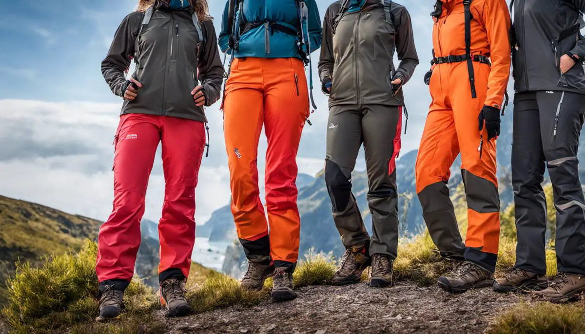 A group of waterproof hiking pants on display, showcasing different colors and styles. guide to waterproof hiking pants