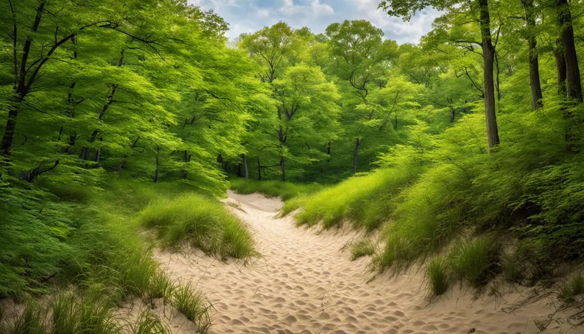 A serene image of Indiana Dunes State Park showcasing its blend of beach and woodland camping experience. family campgrounds in Indiana