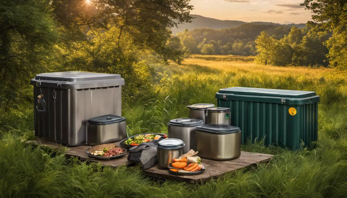 Image of a campsite with food secured in containers, preventing wildlife access. fall camping safety