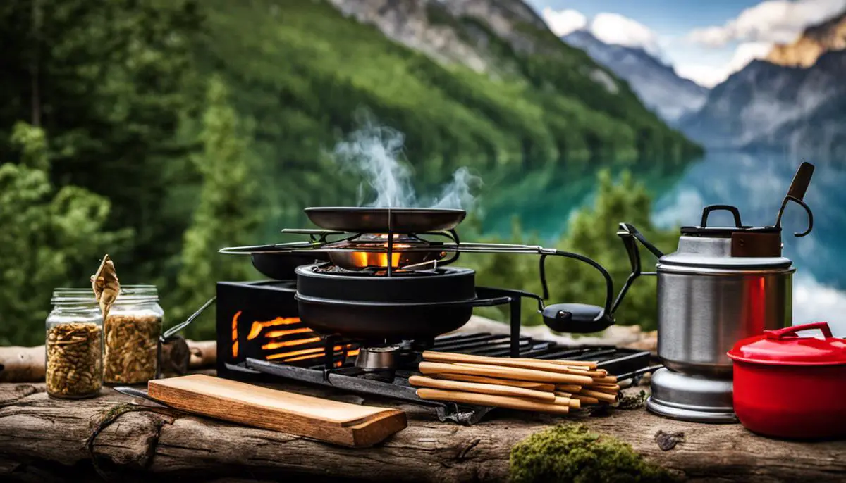 Image of camping gear including matches, a camping stove, a pot, and eating utensils. fall camping essentials