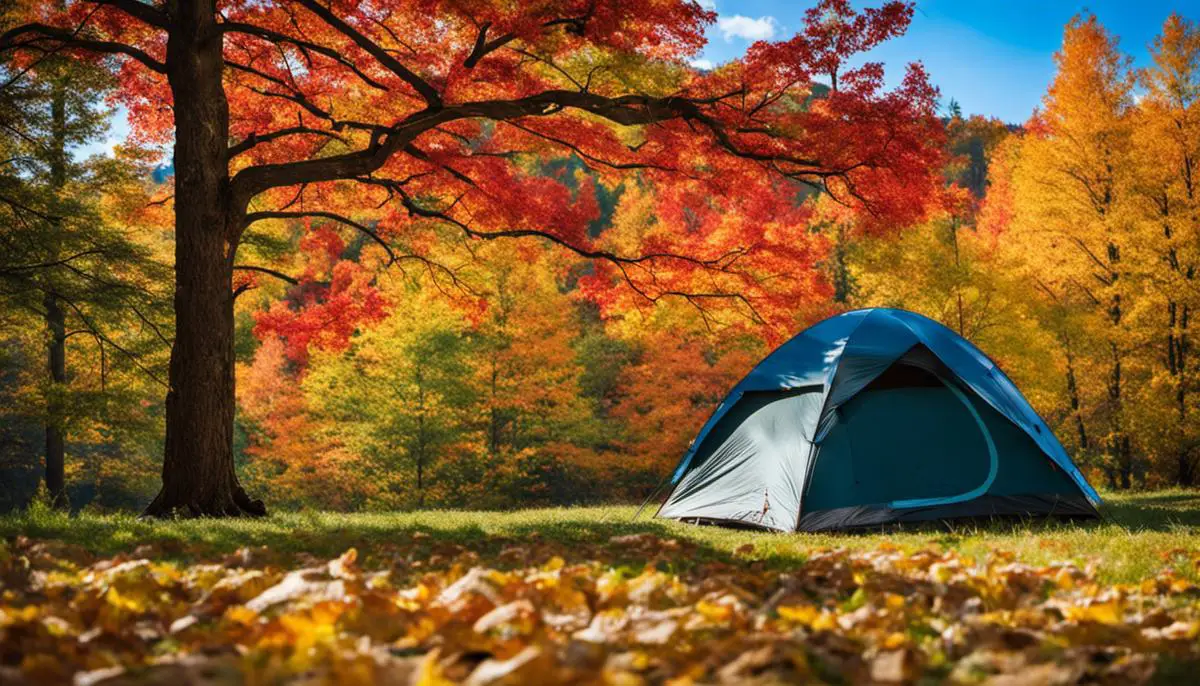 A person camping in the fall with colorful trees in the background. Essential Guide Prepare Fall Camping