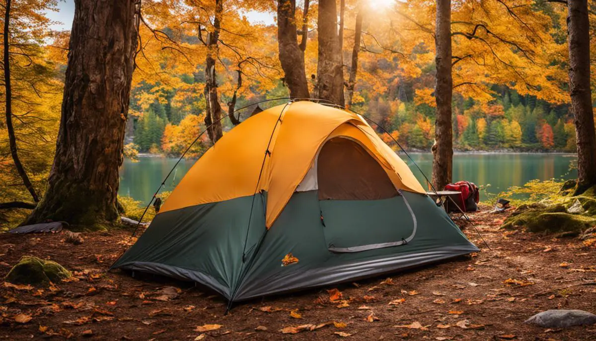 A picture of camping gear specifically designed for fall, including a tent, sleeping bag, waterproof clothing, and a backpack. Essential Guide Prepare Fall Camping