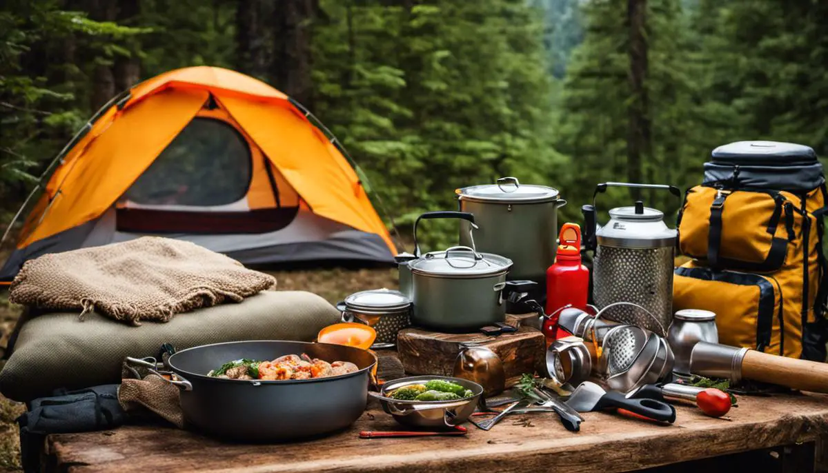 A picture of various camping gear including a tent, sleeping bag, and cooking utensils. Affordable Fall Camping Getaways