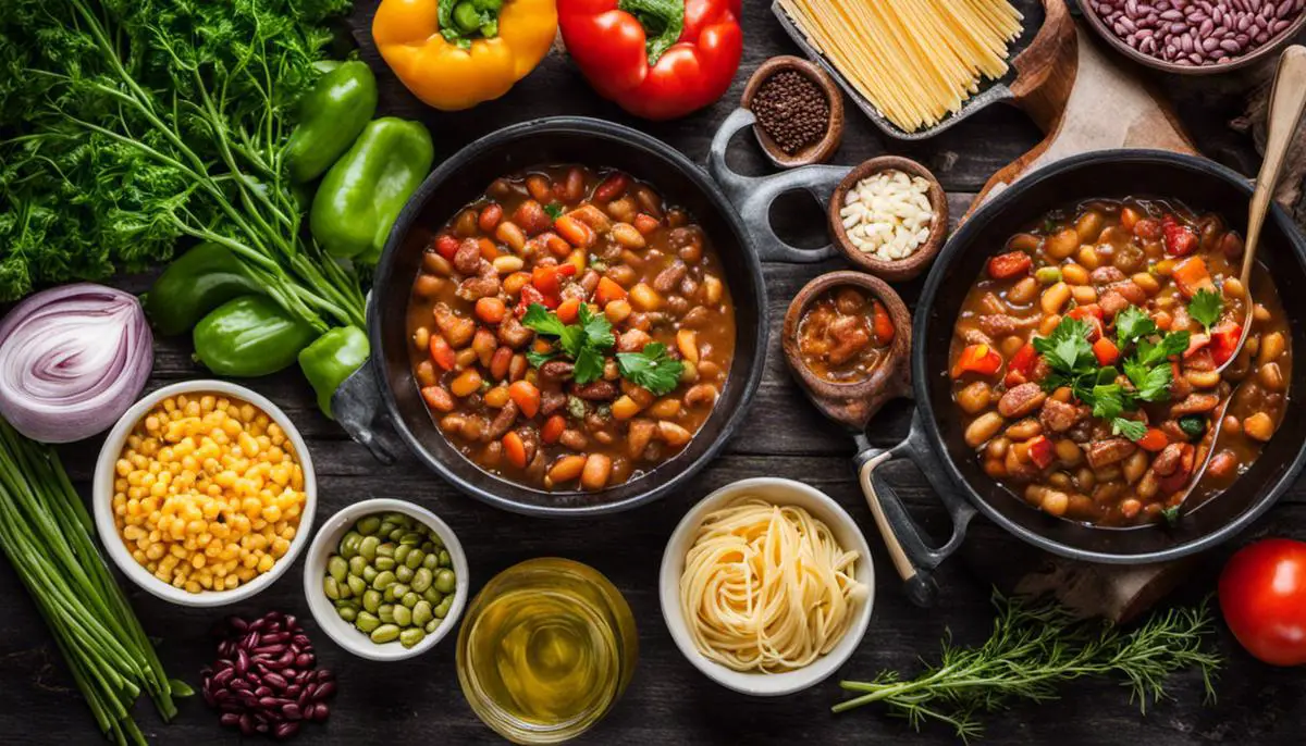 Image of a variety of camping meal ingredients, including vegetables, pasta, and beans, showcasing the options available for budget-friendly camping meals. Affordable Fall Camping Getaways
