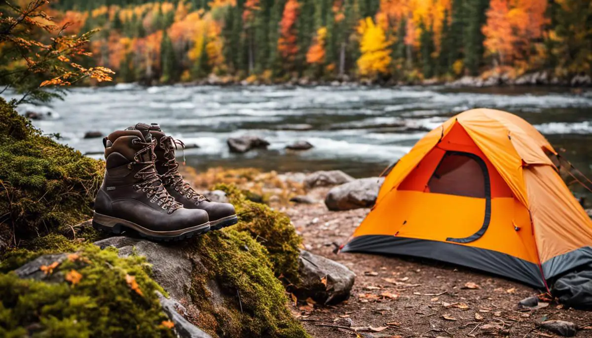 A photo of essential fall camping gear including layered clothing, waterproof jackets, hiking boots, and a tent in a wilderness setting. Essential Fall Camping Gear