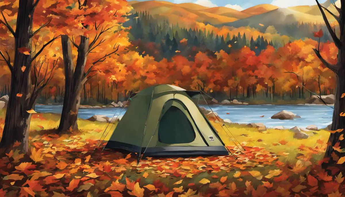 Illustration of essential tents for fall camping, showing a camping tent surrounded by fallen leaves. Essential Fall Camping Gear