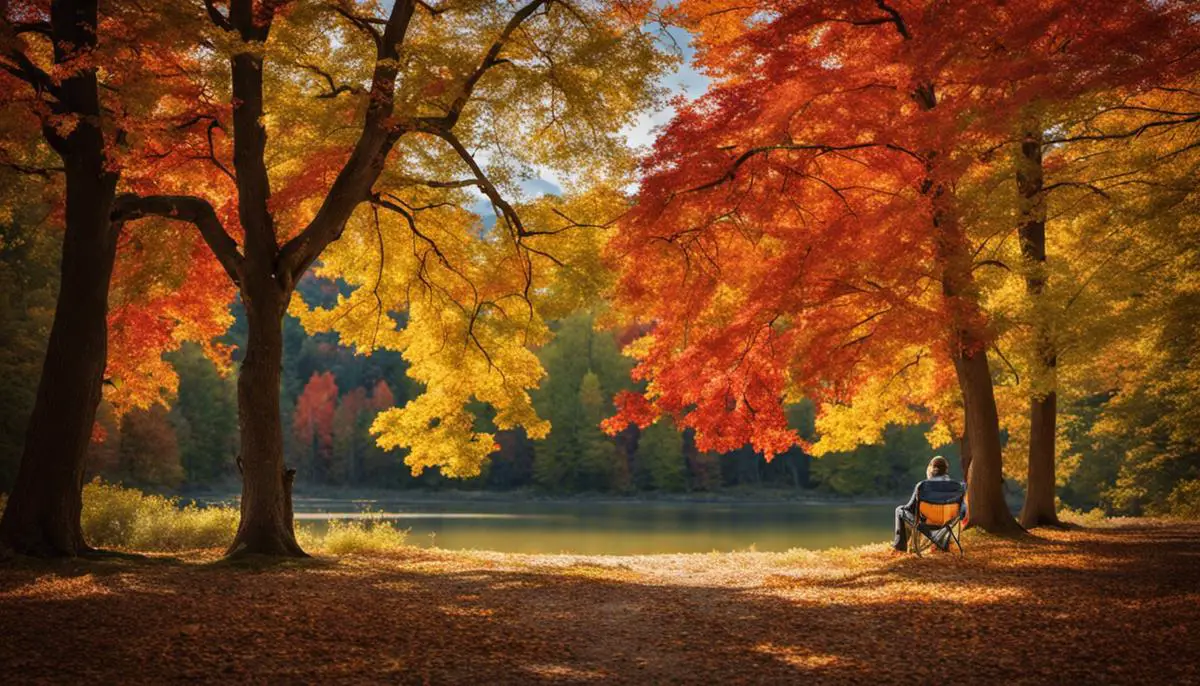 A person sitting in a camp chair, surrounded by colorful trees, observing the autumn foliage. Essential Fall Camping Gear