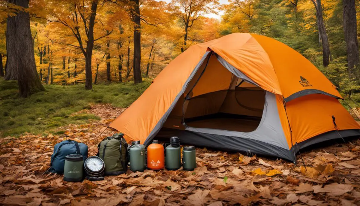 A variety of camping gear including a tent, sleeping bag, compass, and hiking boots, perfectly suited for fall camping. Essential Fall Camping Gear