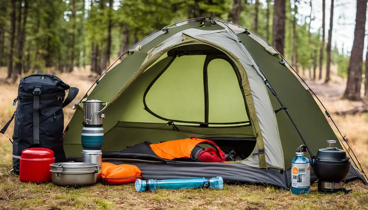 A variety of camping essentials including a tent, a camping stove, a cooler, and a hydration pack. Essential Fall Camping Gear