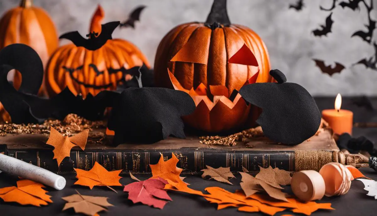 Image description: A person holding different Halloween craft materials like felt fabric, construction paper, glue, and craft foam. Halloween Camping Crafts