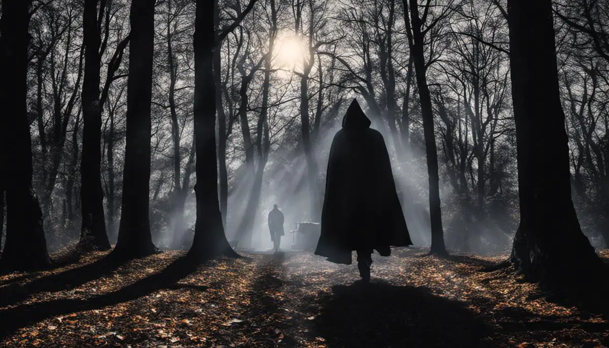 Image of a shadowy figure walking among trees at a haunted camping site