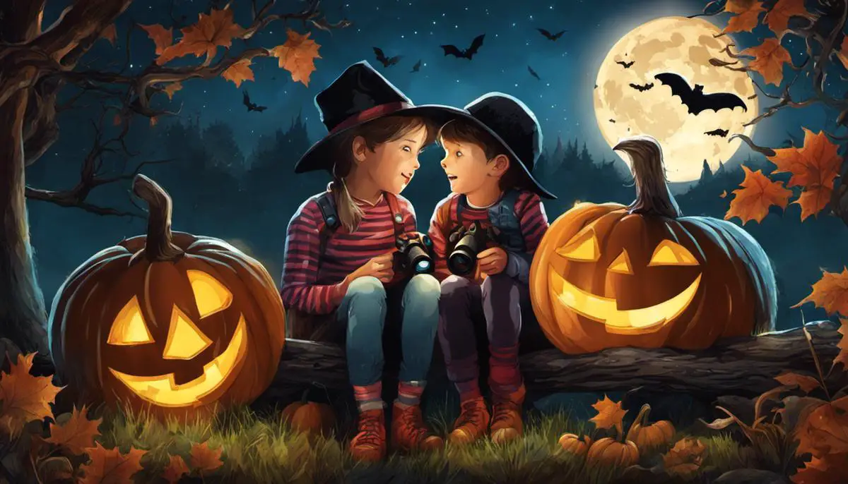 Illustration of children with binoculars watching nocturnal wildlife during Halloween night wildlife watching