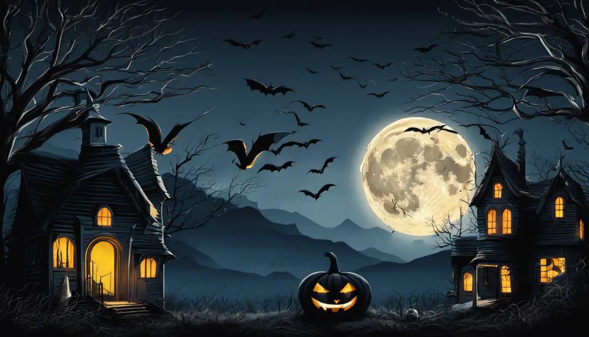 Illustration of bats, owls, and other nocturnal animals against a full moon on Halloween night wildlife watching