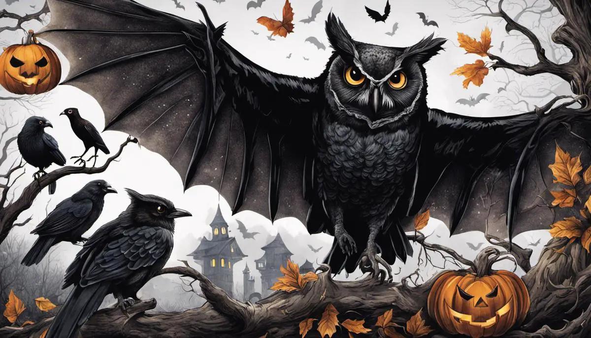 Illustration of various Halloween-themed animals such as bats, black cats, owls, spiders, and ravens. night wildlife watching