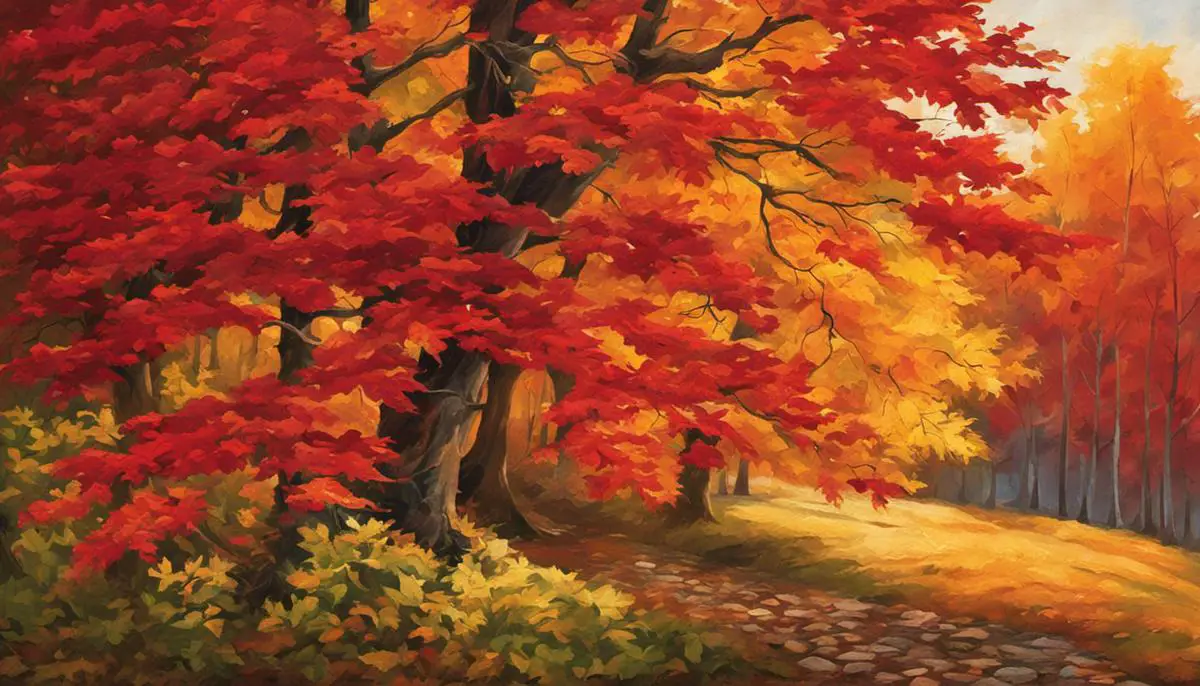 Autumn leaves in vibrant shades of red, orange, yellow, and brown fall foliage
