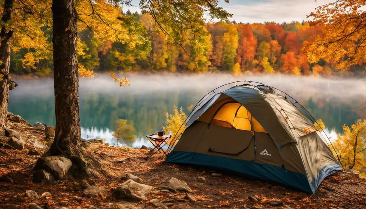 An image showing a person camping in the fall with a well-insulated tent. Tents for Fall Camping