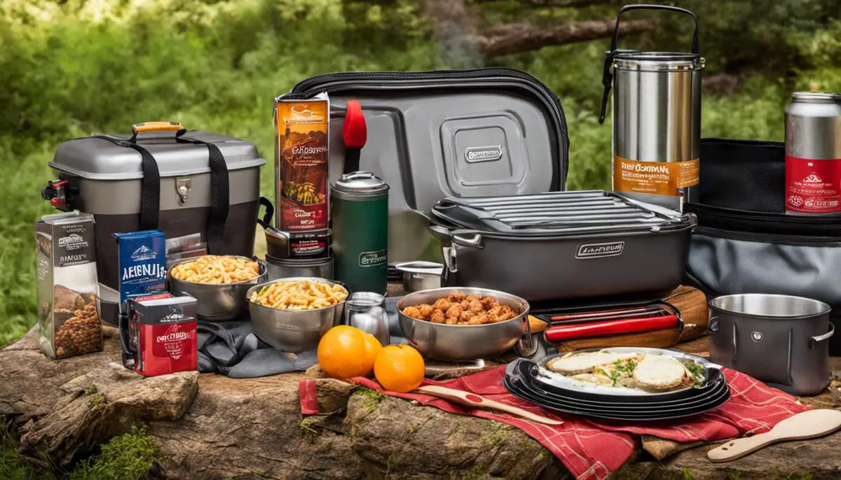 A variety of camping gifts such as meals, snacks, and cooking gear, all neatly packed and ready for outdoor adventures. unmissable gift ideas