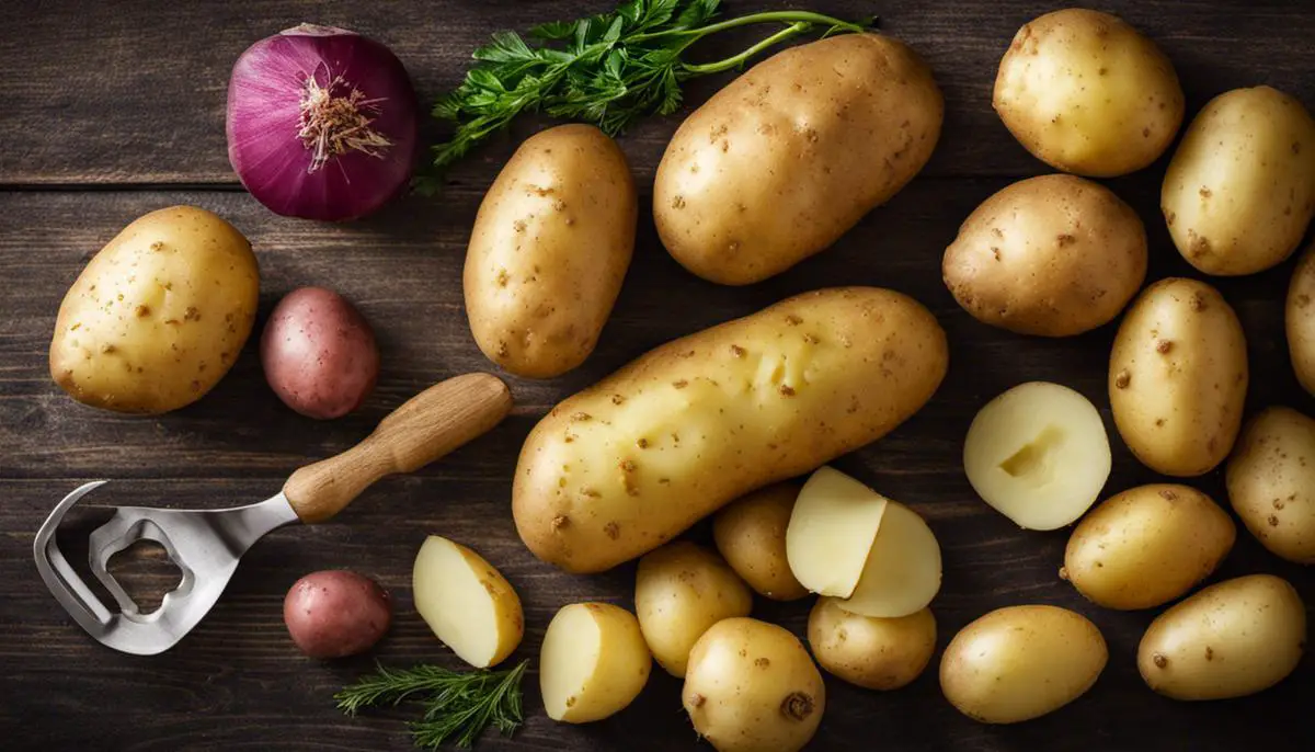 Image of potato preparation steps, including washing, peeling, slicing, and dicing. Potatoes in a Dutch Oven