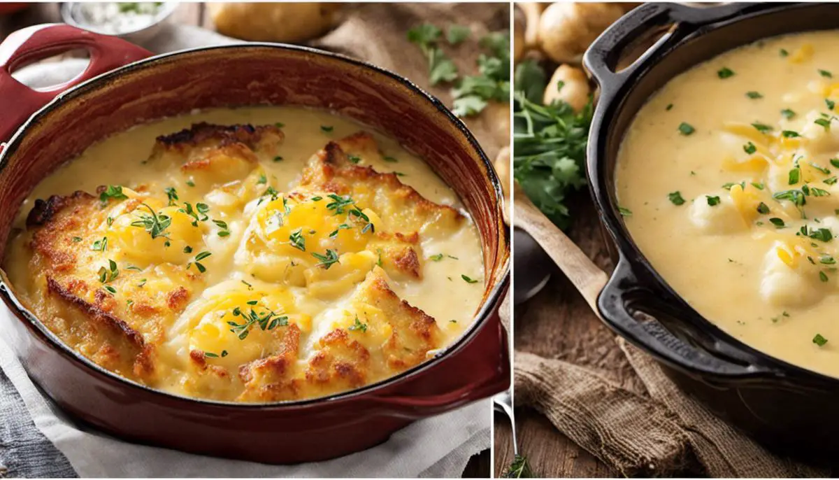 A delicious image of Dutch oven potato recipes including potatoes with golden crust, scalloped potatoes with cheese, and a hearty potato soup. potatoes in a Dutch oven
