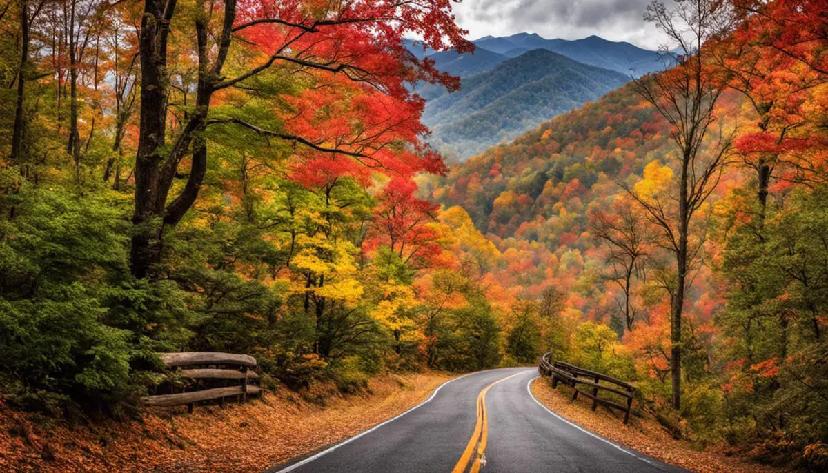 A photograph of the Great Smoky Mountains National Park, with colorful trees during autumn. top fall rv camping