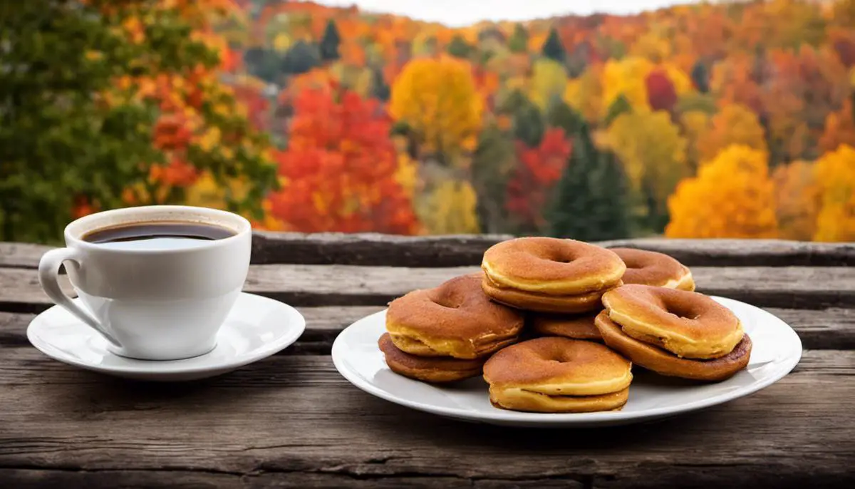 A beautiful plate with pumpkin pancakes, apple cider doughnuts, and a cup of coffee. The fall foliage can be seen in the background, creating a cozy outdoor atmosphere. Delicious Fall Campfire Recipes
