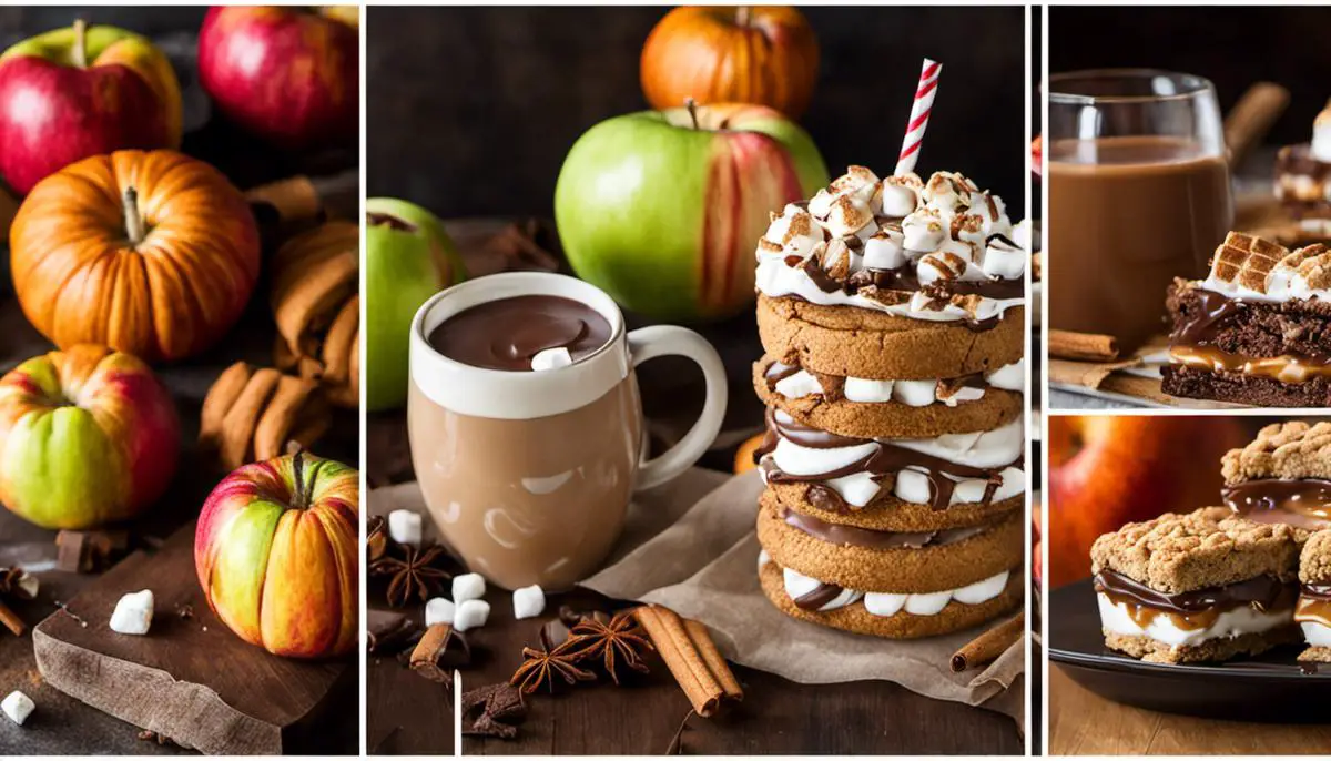 A collage of fall-themed treats including s'mores, caramel apples, apple crisp, and spiced hot chocolate. Delicious Fall Campfire Recipes