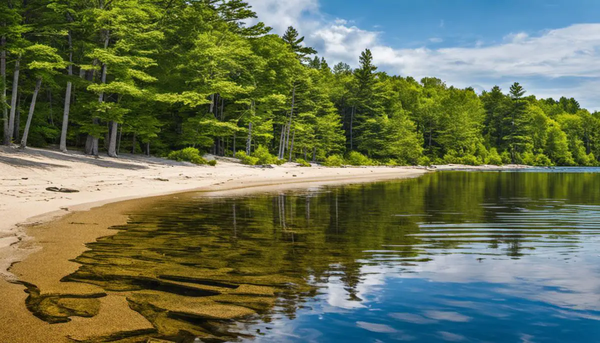 A serene image of Sebago Lake State Park, showing the sandy beach and clear waters. Family Campgrounds in Maine