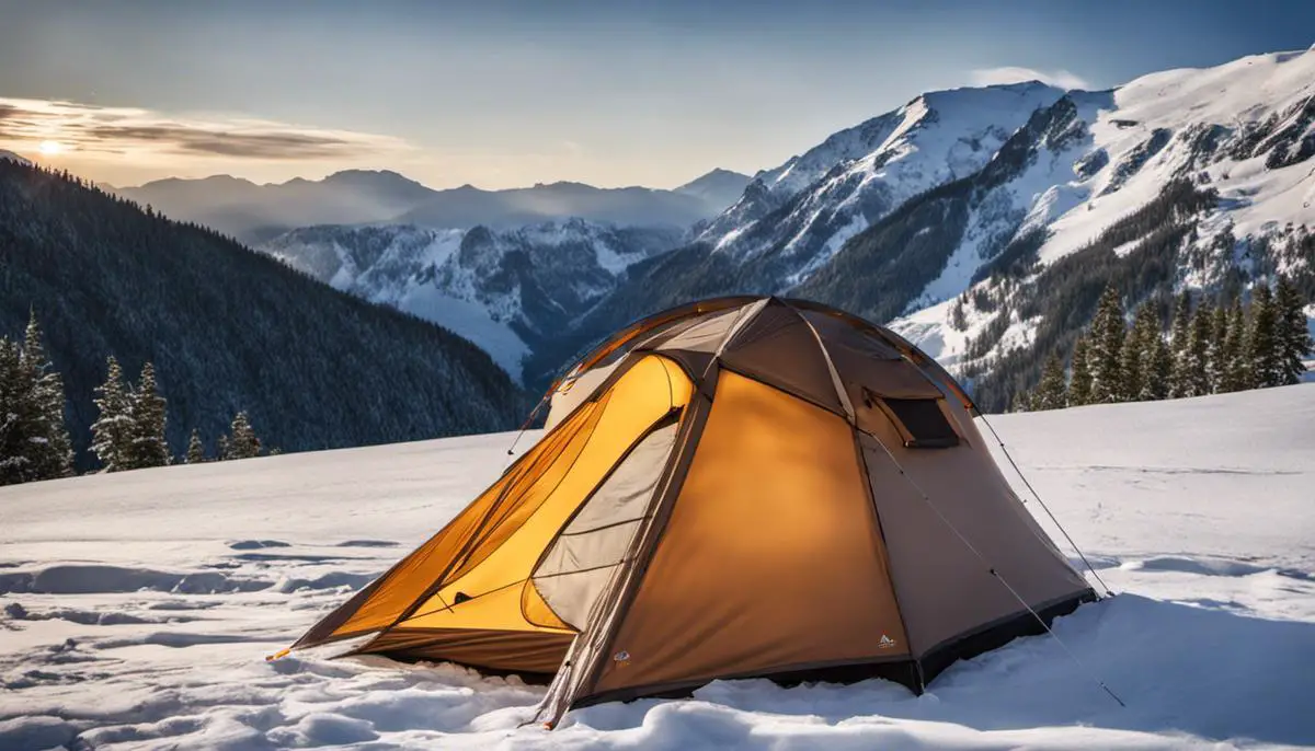 A picture of a 4-season tent in a snowy mountain landscape.