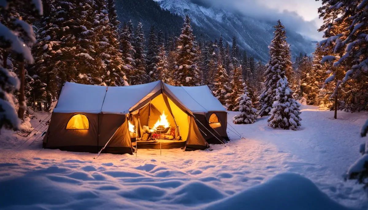 A snowy campground with a tent and Christmas decorations illuminated by a campfire Essential Gear for Christmas Camping