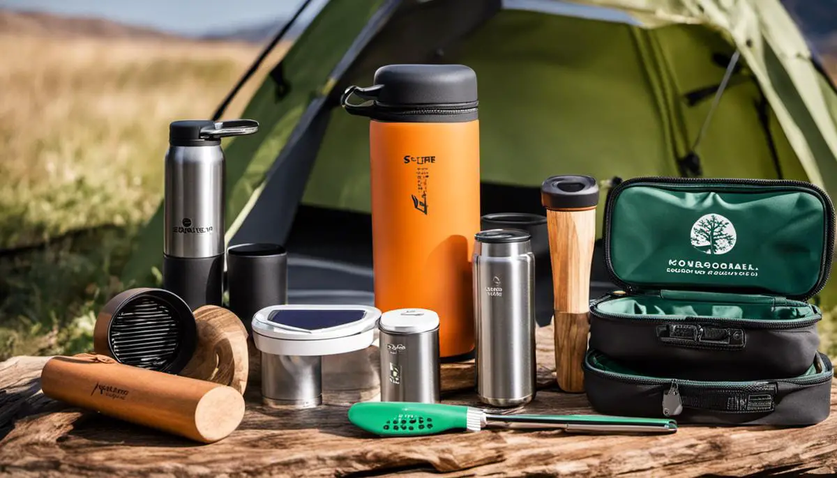 Image of a variety of eco-friendly camping gifts, including biodegradable cutlery sets and a solar-powered phone charger.