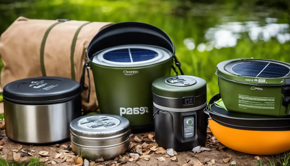 An image of various eco-friendly camping gifts, including solar-powered lanterns, bamboo utensils, reusable food wrappers, a hammock made of recycled materials, a portable water purification system, eco-friendly cookware, and biodegradable cleaning products. The image showcases the variety and sustainability of these gifts.