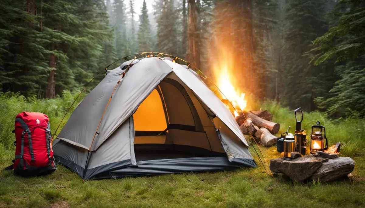 Various camping gear and equipment like a tent, sleeping bag, flashlight, compass, and a campfire Unwrap the Fun: Christmas Camping and Gift Ideas