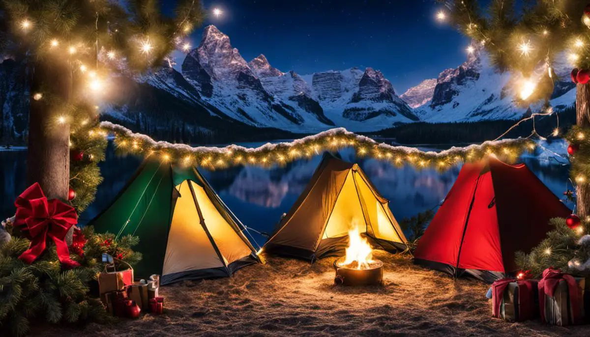 Image showing camping gear surrounded by Christmas decorations and lights. Christmas Camping and Gift Ideas