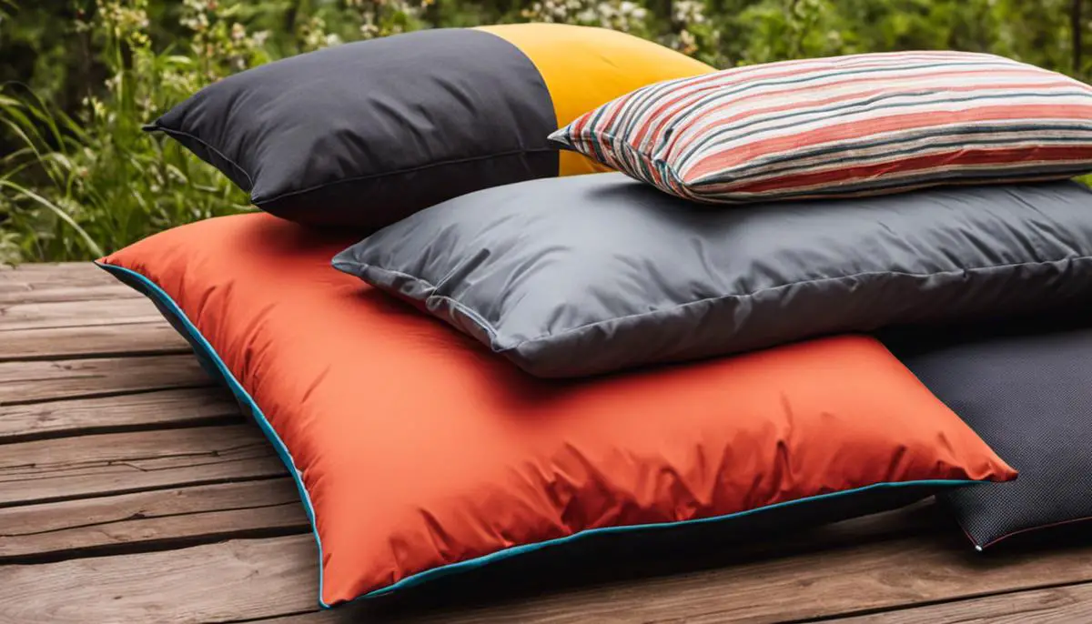 Different types of camping pillows displayed on a wooden table top camping pillows