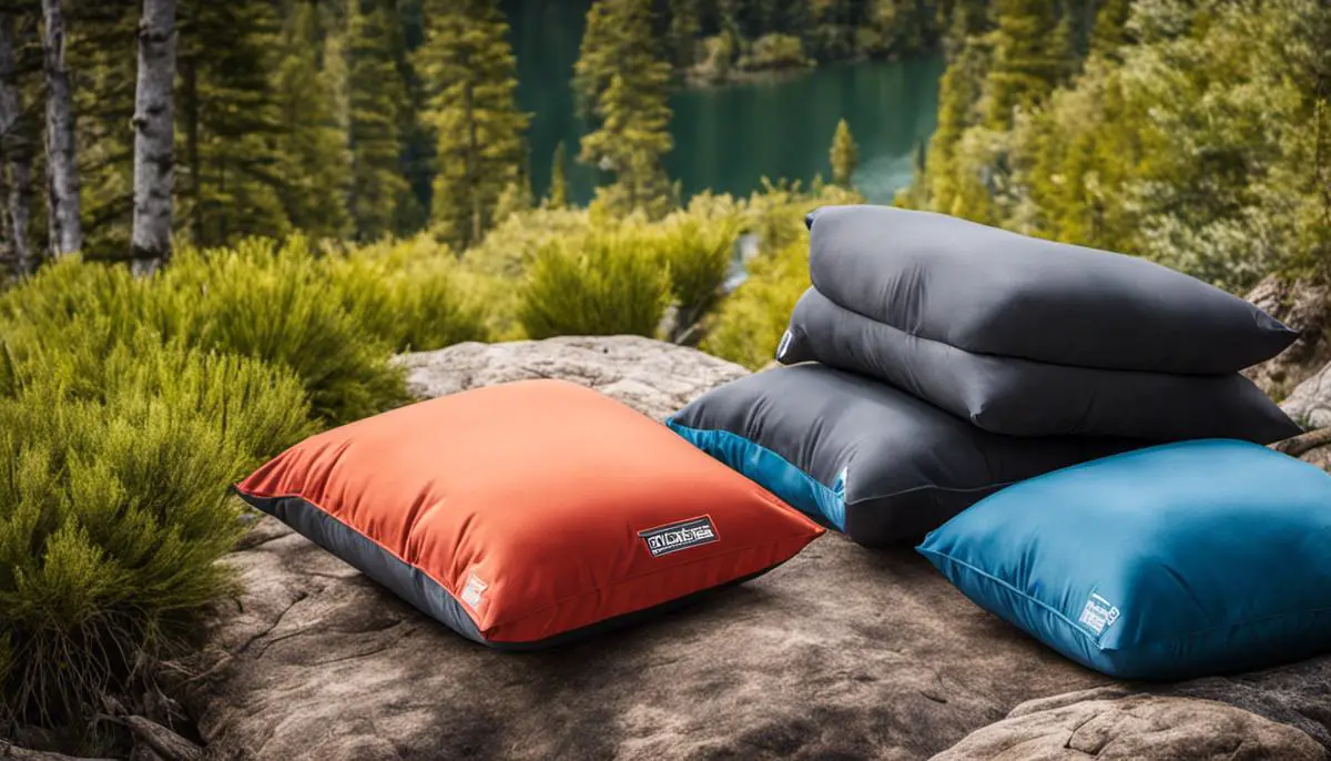 Four top camping pillows neatly arranged on a rock. Each pillow is uniquely designed and offers different features for campers and backpackers.