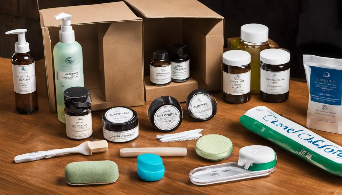 A collection of compact personal hygiene products for travelers, including shampoo bars, soap leaves, toothpaste tablets, wet wipes, solid deodorant, dental floss sticks, mouthwash strips, and hand sanitizers. Ultimate Backpacker's Gift Guide