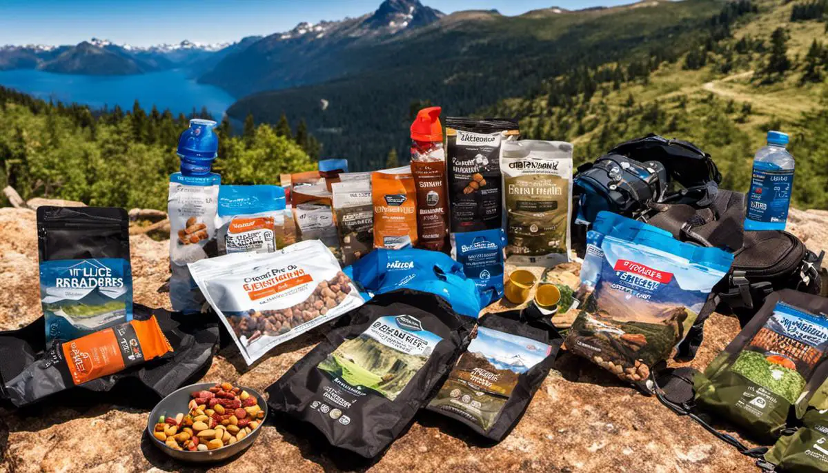 Image Description: A selection of compact, high-protein bars, hydration tablets, dehydrated or freeze-dried meals, a LifeStraw, a collapsible water bottle, and trail mix. All the essential food and water solutions for backpackers. Ultimate Backpacker's Gift Guide