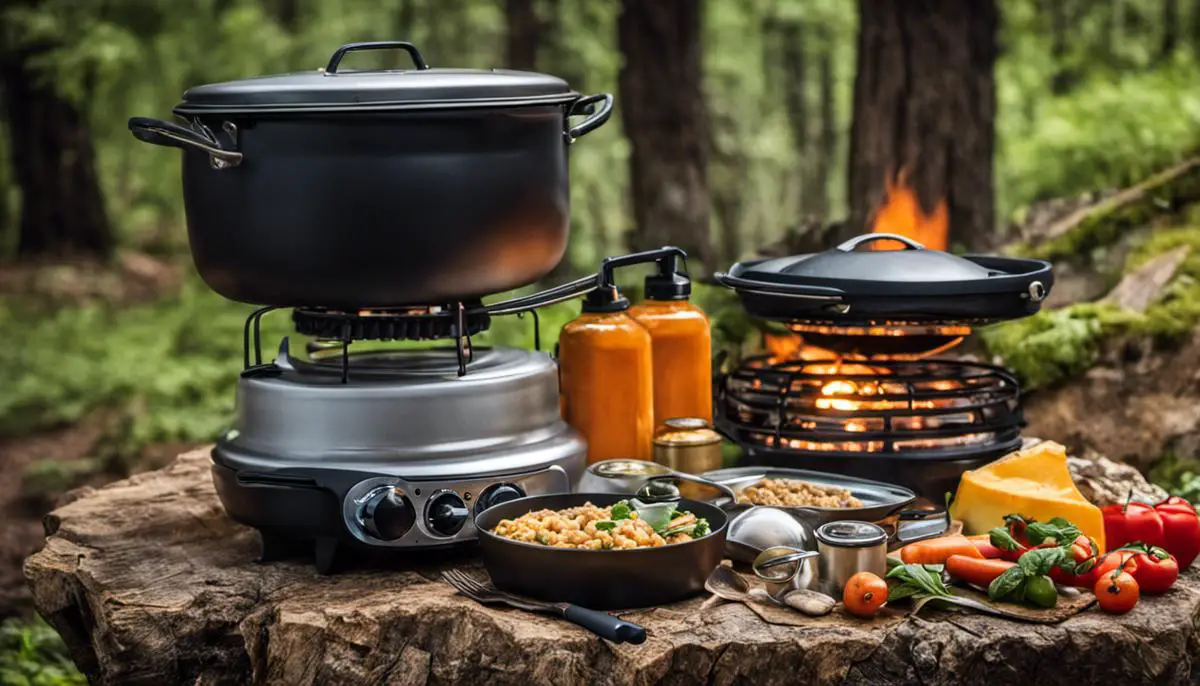 Various non-perishable food items, a gas stove, and cooking utensils for camping hearty camping meals