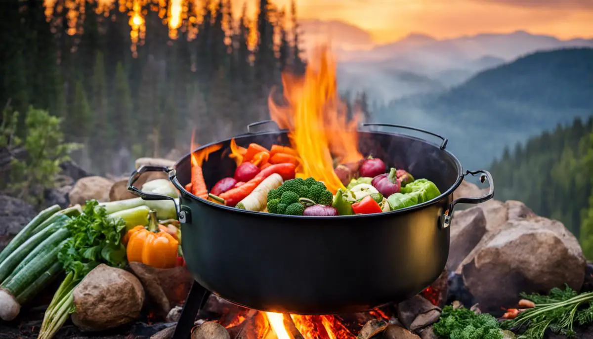 Image of a campfire cooking pot with various vegetables and ingredients, representing camp menu planning and preparation hearty camping meals