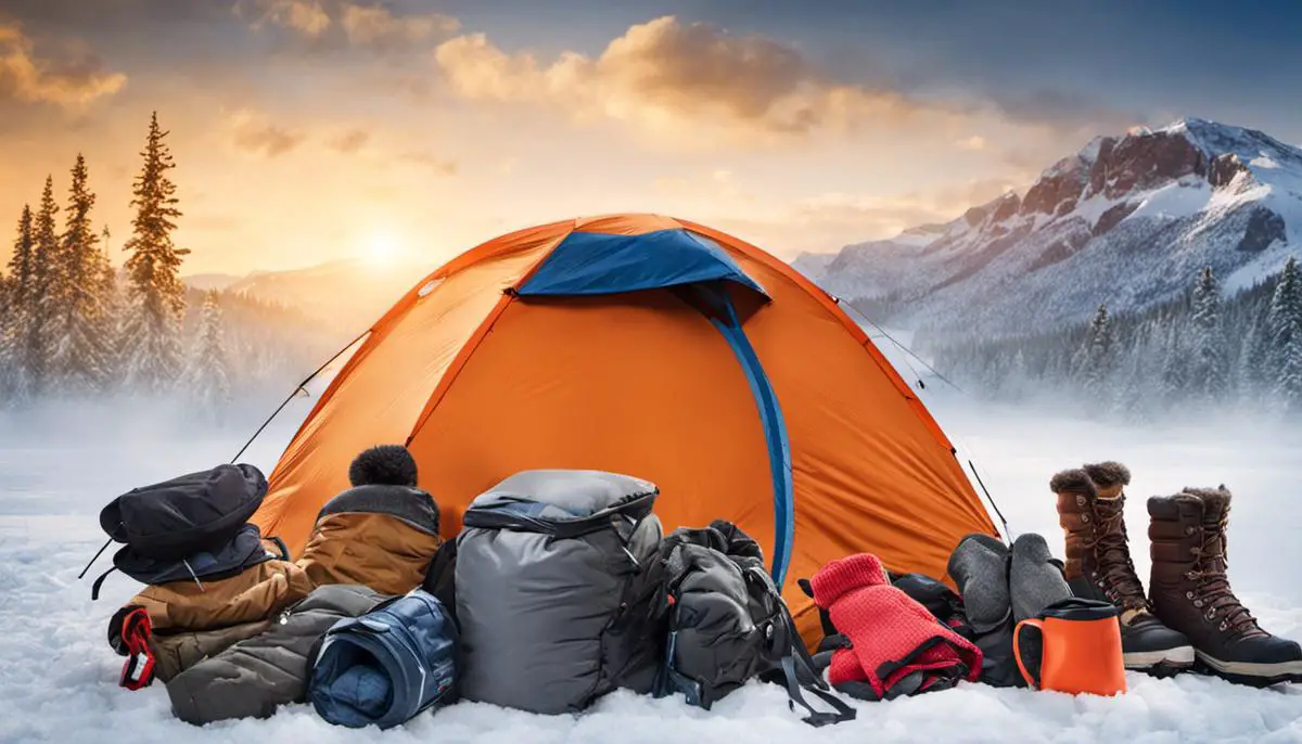 A variety of winter camping gear, including jackets, hats, gloves, and socks, displayed on a snowy background Essential Thermals and Insulation Gear for Winter Camping
